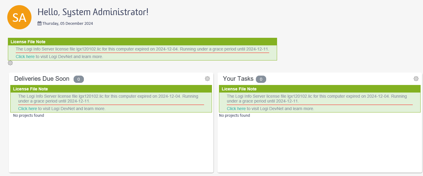 Screenshot of a dashboard with a warning message stating 'The Logi Info Server license file lgx120102.lic for this computer expired on 2024-12-04. Running under a grace period until 2024-12-11.'