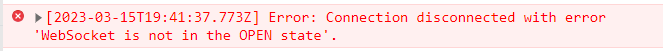 Error message in Trados Studio with timestamp showing 'Error: Connection disconnected with error WebSocket is not in the OPEN state'.