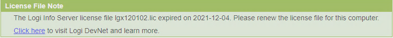 License File Note error message stating 'The Logi Info Server license file lgx120102.lic expired on 2021-12-04. Please renew the license file for this computer.' with a link to visit Logi DevNet.