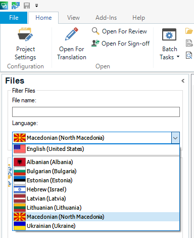 Trados Studio screenshot showing the 'Open For Translation' dialog with a dropdown menu for selecting the target language, with Macedonian (North Macedonia) currently selected.