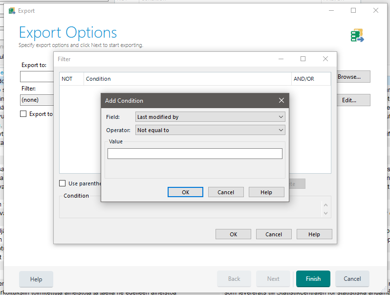 Trados Studio Export Options window showing a filter setup with 'Field: Last modified by' and 'Operator: Not equal to' with an empty value field.