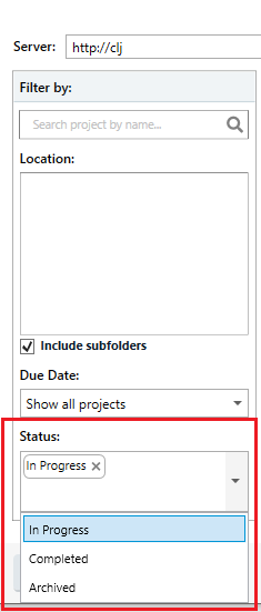 Trados Studio screenshot showing the project filter options with 'Status' dropdown menu open displaying options: In Progress, Completed, Archived. 'In Progress' is highlighted.