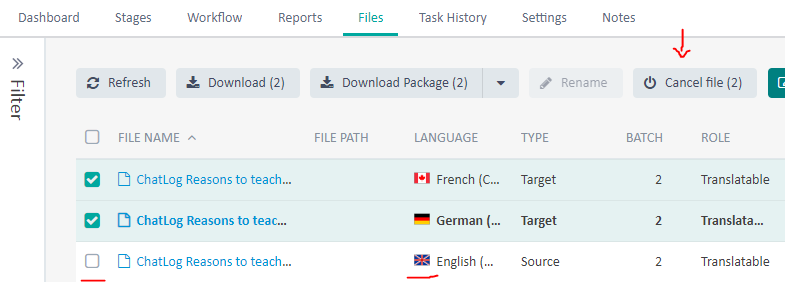 Trados Studio files tab showing two files named 'ChatLog Reasons to teach...' in French and German with a red arrow pointing to 'Cancel file' button.