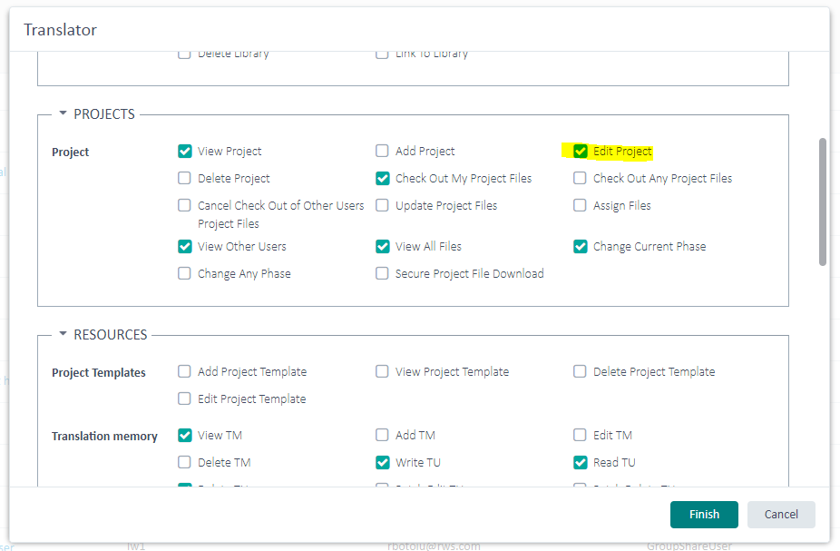 Trados Studio user role permissions window showing the 'Projects' section with 'Edit Project' option ticked for the Translator role.