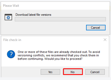 Trados Studio notification message stating 'One or more of these files are already checked out. To avoid versioning conflicts, we recommend that you check them in before continuing. Would you like to proceed?' with Yes, No (highlighted), and Cancel buttons.