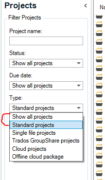 Trados Studio Projects filter dropdown menu with 'Show all projects' selected and other options like 'Standard projects' and 'Single file projects' listed.