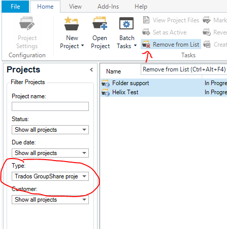 Trados Studio Projects section with 'Type' filter dropdown menu showing 'Trados GroupShare projects' selected and an arrow pointing to 'Remove from List' option.