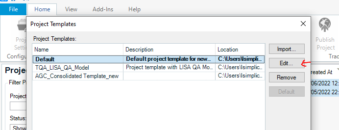 Trados Studio Project Templates window showing a list of templates with 'Edit' and 'Remove' options, and an arrow pointing to the 'Edit' button for a template named 'TQA_LISA_QA_Model'.