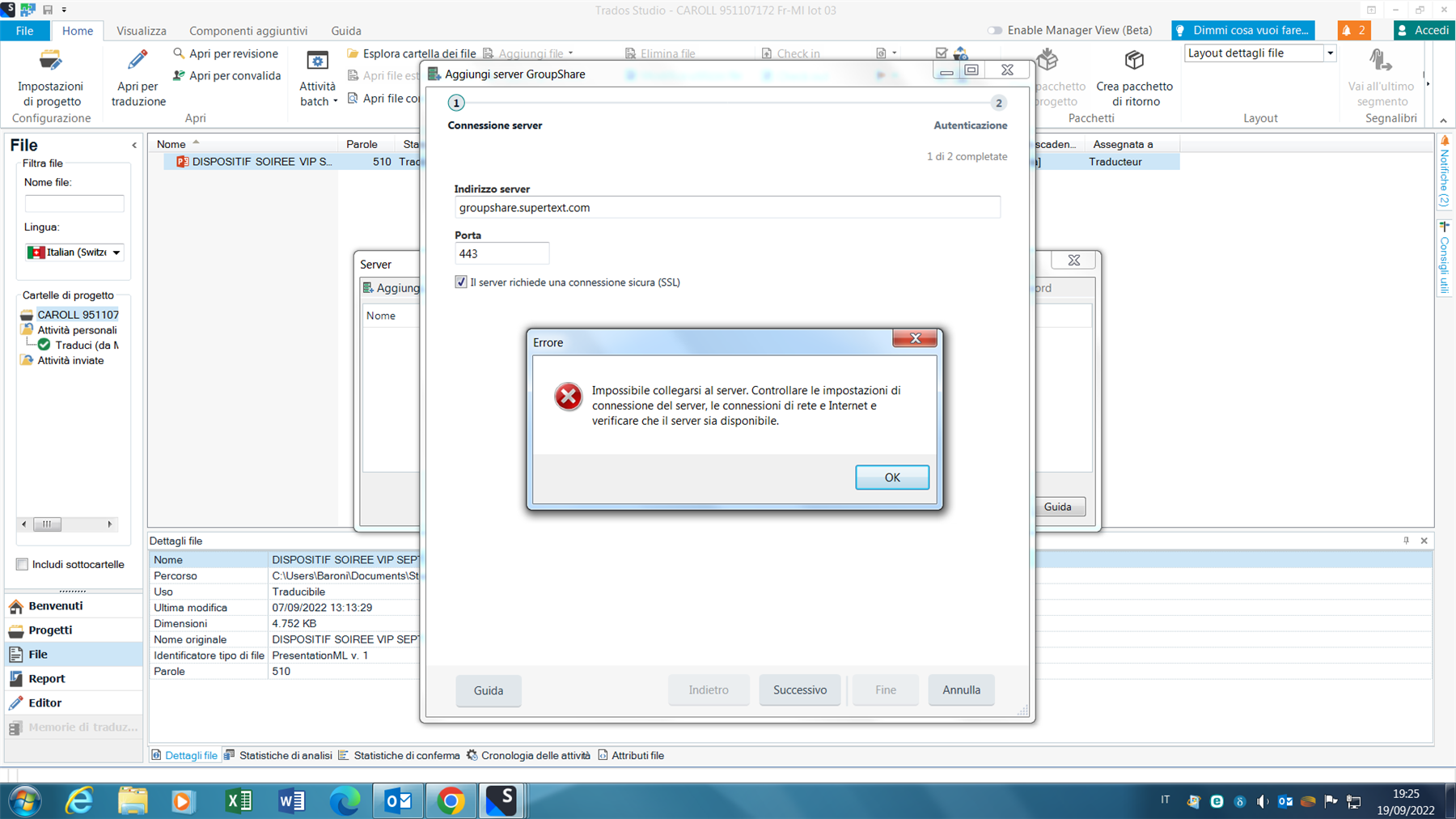 Trados Studio error message pop-up reading 'Impossible collegarsi al server. Controllare le impostazioni di connessione del server, le connessioni di rete e Internet e verificare che il server sia disponibile.' with an OK button.