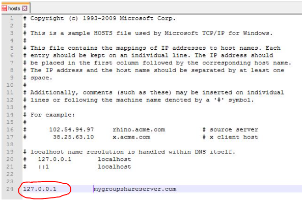 Screenshot of Windows hosts file with added entry '127.0.0.1 mygroupshareserver.com' highlighted.