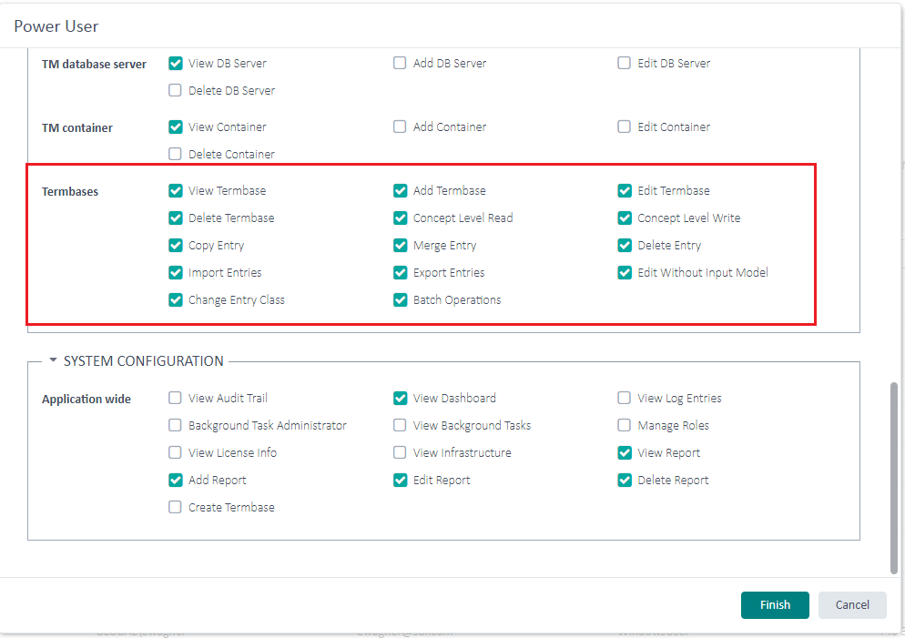 Screenshot of Trados Studio's GroupShare user permissions interface, highlighting the 'Termbases' section with options such as View, Add, Edit, Delete Termbase, and other permissions related to term base management.