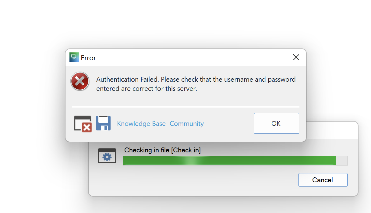 Error dialog box in Trados Studio displaying 'Authentication Failed. Please check that the username and password entered are correct for this server.' with an OK button. Below is a progress bar showing 'Checking in file Check in' with a Cancel button.