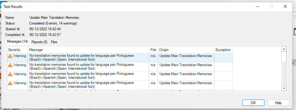 Trados Studio Task Results window showing a completed task with 0 errors and 14 warnings. Warnings indicate no translation memories found for Portuguese (Brazil)-Spanish (Spain) language pair.