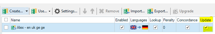 Trados Studio Project Settings showing a server TM named 'Alex - en uk ge' with enabled languages flags for English, German, and Spanish. The Update checkbox is ticked.