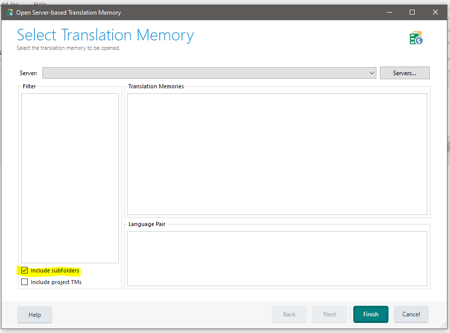 Trados Studio dialog box titled 'Select Translation Memory' with an empty server field, a list of translation memories, and the 'Include subfolders' option checked.