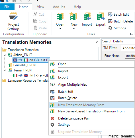 Screenshot of Trados Studio 2022 showing the Translation Memories view with options like Import, Export, and New Translation Memory From highlighted.