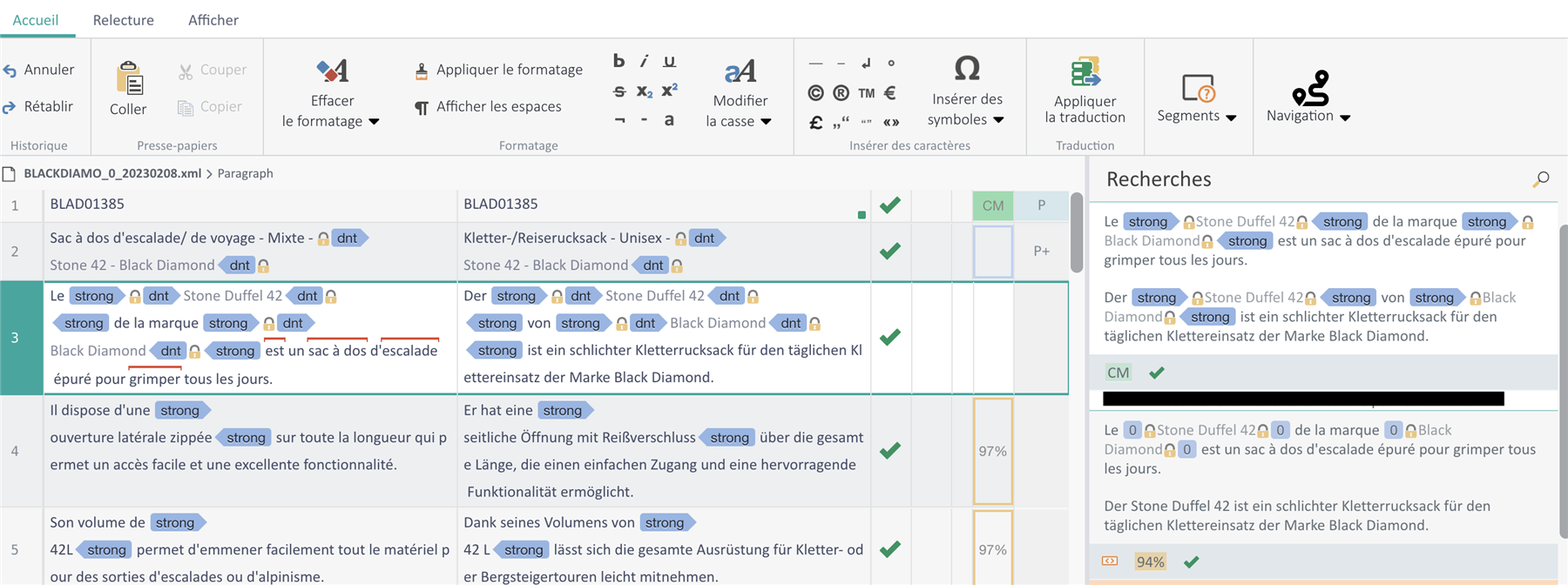 Screenshot of Trados Studio showing a translation project with 'dnt' tags manually added to text segments. The machine translation does not recognize 'dnt' tags in locked content.