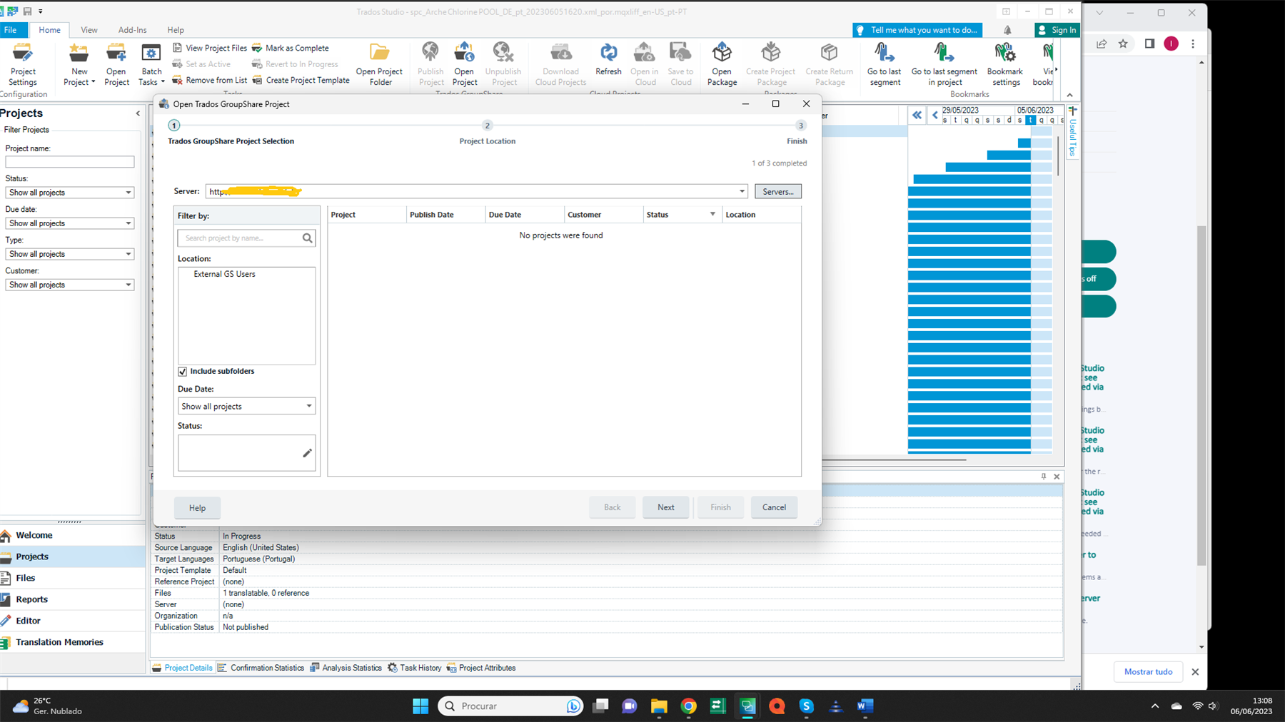 Trados Studio screenshot showing the 'Open Trados GroupShare Project' dialog with 'No projects were found' message displayed in the project list area.