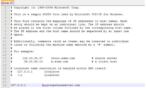 Screenshot of Windows hosts file with added entries for IP address 127.0.0.1 and external server 'mygroupshareserver.com'.