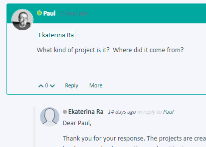 Screenshot of a forum conversation where user Paul asks Ekaterina Ra about the type and origin of the project.