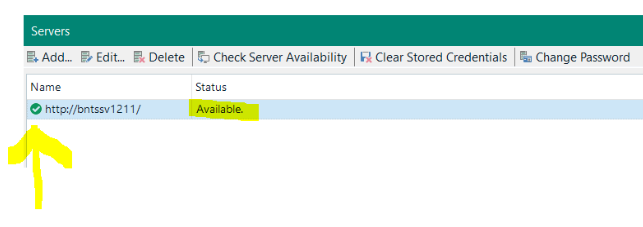 Trados Studio server setup window showing a green tick mark next to the server address indicating it is available.