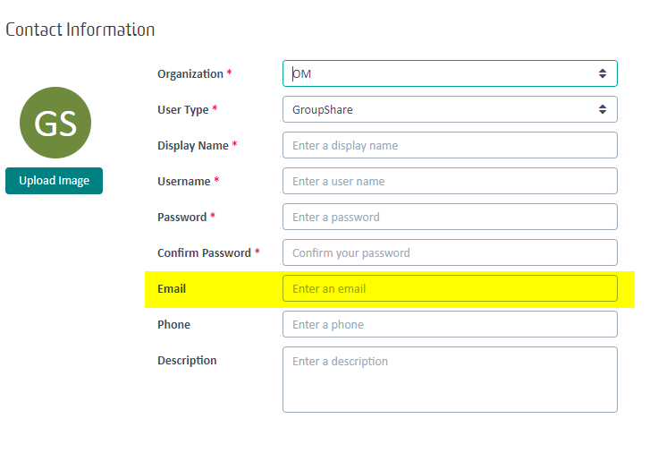 Trados Studio 'Contact Information' form with fields for Organization, User Type, Display Name, Username, Password, Confirm Password, and Email highlighted in yellow.