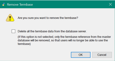 Dialog box titled 'Remove Termbase' with a warning icon. It asks 'Are you sure you want to remove the termbase?' with an unchecked option 'Delete all the termbase data from the database server.' Two buttons are shown: 'OK' and 'Cancel.'