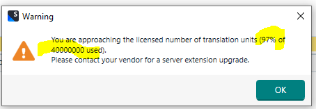 Warning dialog box indicating that the licensed number of translation units is nearly reached, showing 97% of 40000000 used.