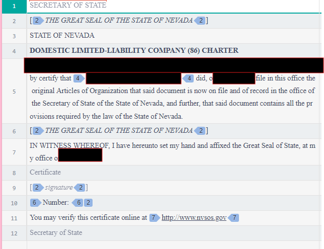 Screenshot of a translation file in Online Editor showing text with numbered tags for 'THE GREAT SEAL OF THE STATE OF NEVADA', 'signature', and a URL. Some text is redacted.