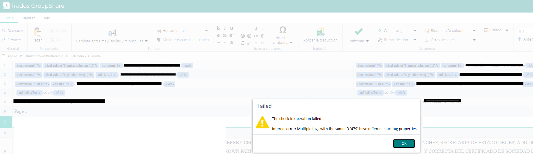 Trados GroupShare interface showing segments with tags and a pop-up error message stating: 'The check-in operation failed. Internal error: Multiple tags with the same ID 479 have different start tag properties.'