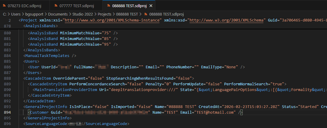 Code editor showing XML content for a project file. Includes details like AnalysisBands, Users, GeneralProjectInfo, and Customer Guid with an empty value.