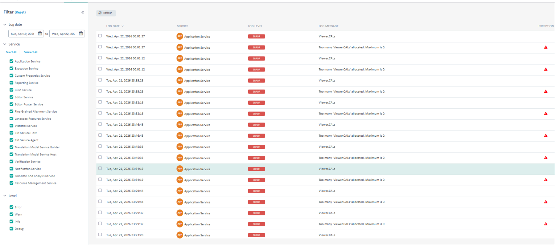 Log viewer interface showing multiple error entries for 'Too many Viewer.CALs allocated. Maximum is 0' under Application Service with red error indicators.