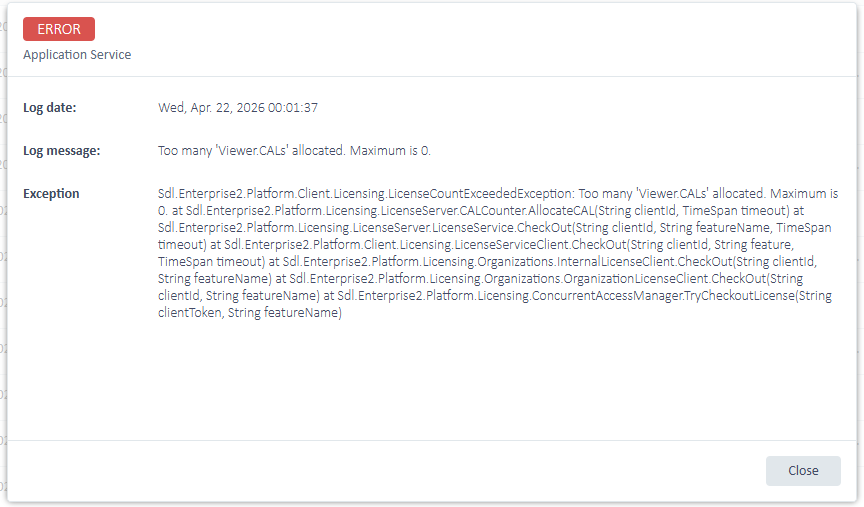Detailed error message for Application Service showing log date, log message 'Too many Viewer.CALs allocated. Maximum is 0', and exception details.