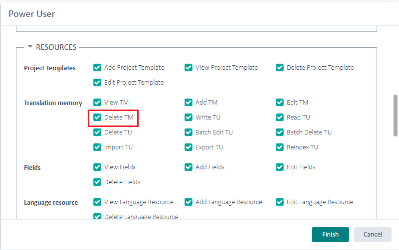 Power User role settings screen showing various permissions under Resources, with 'Delete TM' highlighted in red under Translation memory.