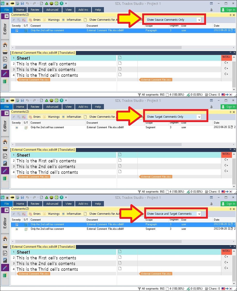 Trados Studio screenshot showing the 'Show Source Comments Only' filter applied with external comments visible in the first cell.