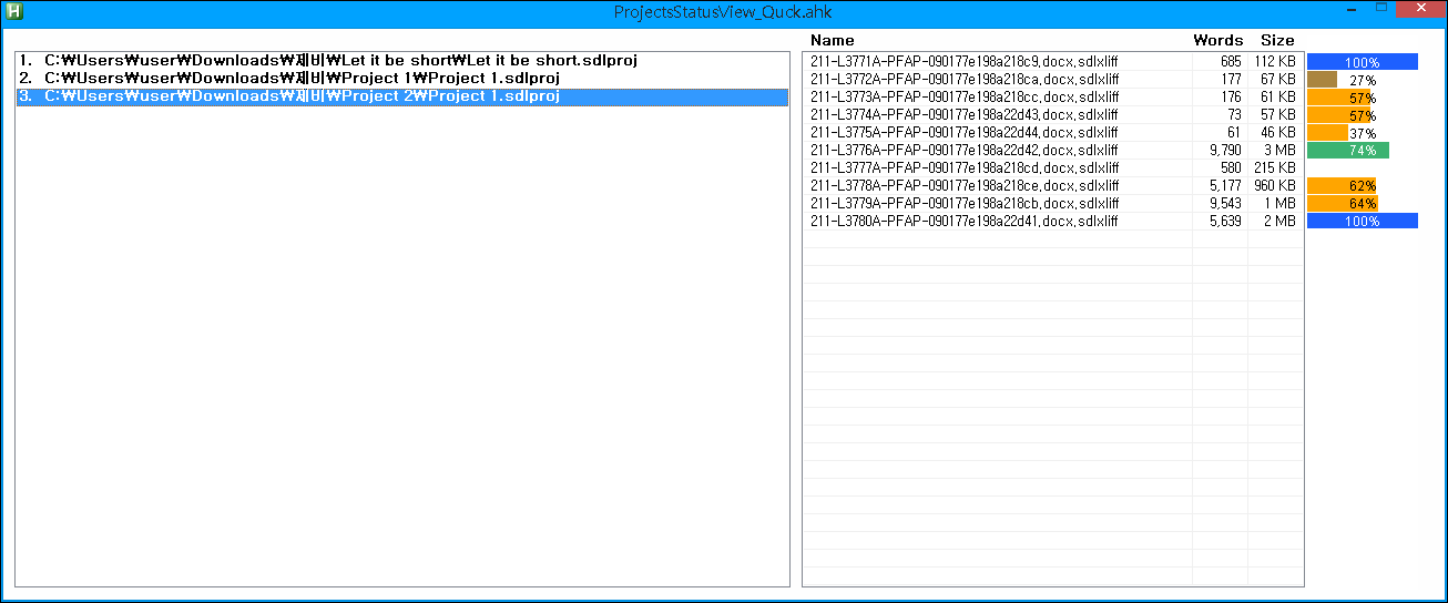 Screenshot of Trados Studio ProjectsStatusView_Quick showing a list of SDL project files with their names, word counts, file sizes, and completion percentages.