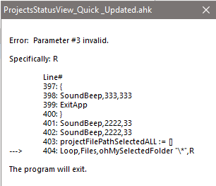 Error message window from Trados Studio script showing 'Error: Parameter #3 invalid. Specifically: R' with code lines and 'The program will exit.'