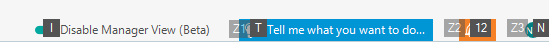 Trados Studio toolbar with 'Disable Manager View (Beta)' option highlighted and 'Tell me what you want to do' search bar visible.