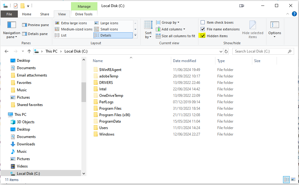 Screenshot of a Windows File Explorer window showing the contents of the Local Disk (C:). The 'Hidden items' checkbox is ticked under the View tab, revealing system folders like 'ProgramData'.