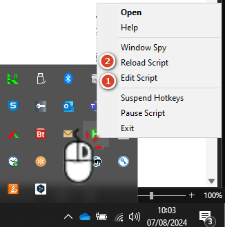 AutoHotkey system tray menu open with cursor hovering over 'Edit Script'. Other options include 'Reload Script', 'Suspend Hotkeys', and 'Exit'. Notification area shows date as 07082024.