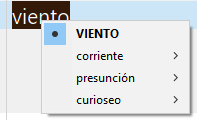 Screenshot showing a pop-up menu with the word 'VIENTO' at the top and a list of words: 'corriente', 'presuncion', and 'curioseo', each with a right-pointing arrow.