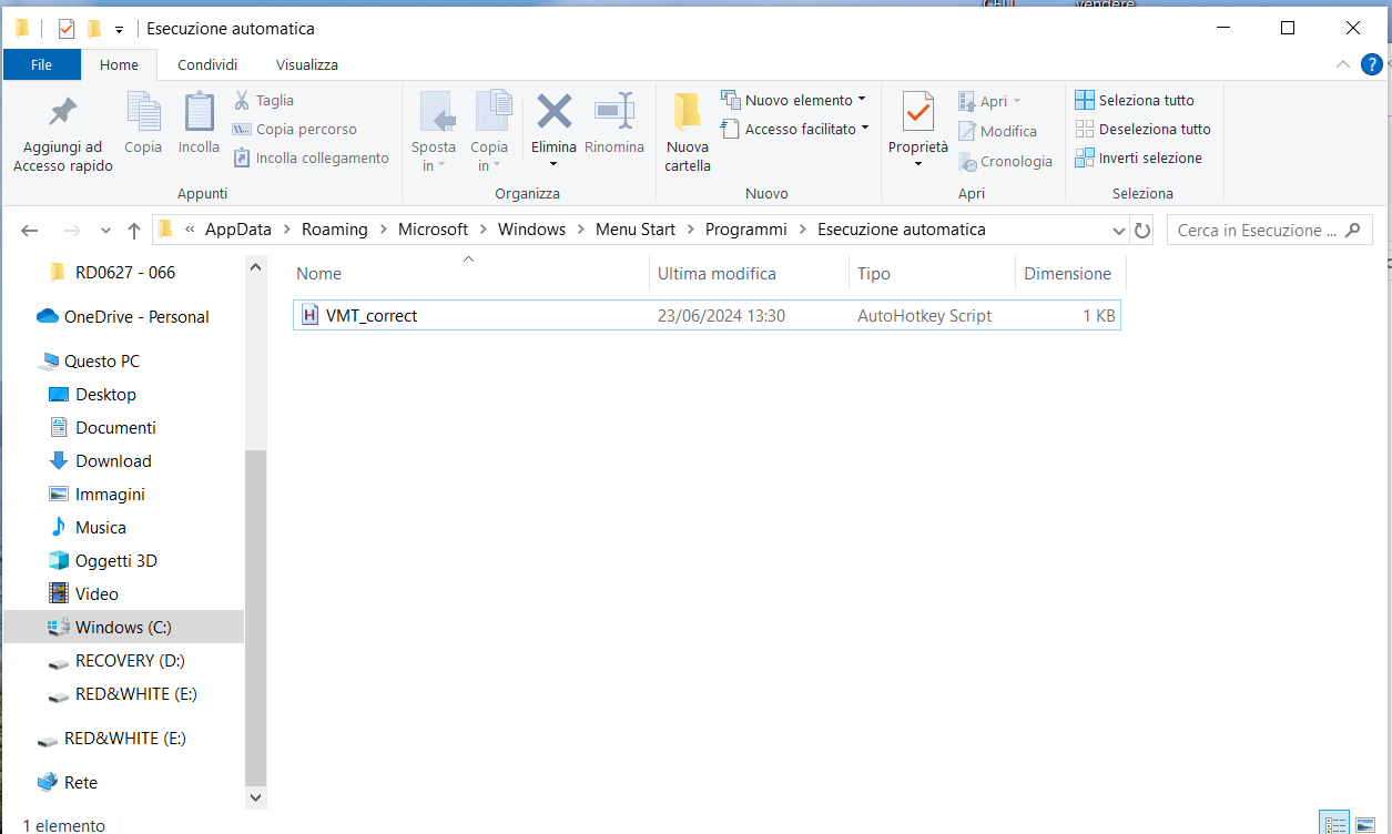 Screenshot of a Windows File Explorer window showing the 'Startup' folder. It contains a single file named 'VMT_correct' with a type of 'AutoHotkey Script' and size of 1 KB, last modified on 23062024 at 13:30.
