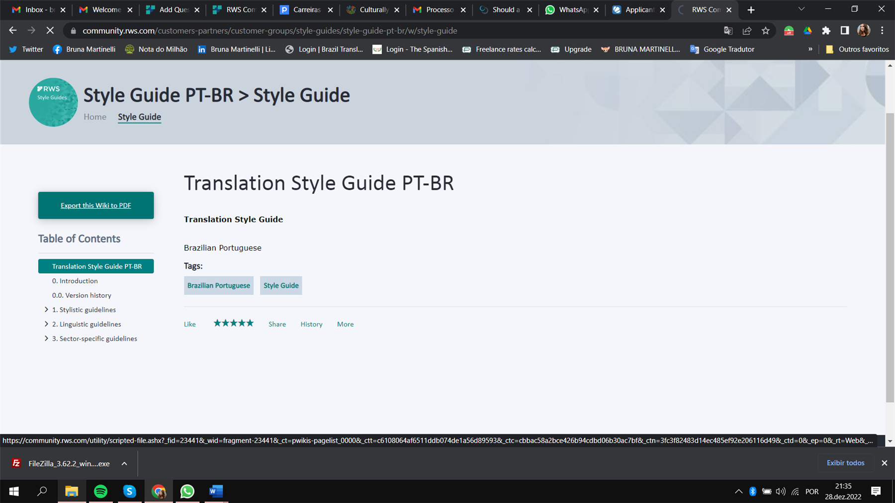 Screenshot of Trados Studio's community page showing the Brazilian Portuguese Style Guide with an 'Export this Wiki to PDF' button.