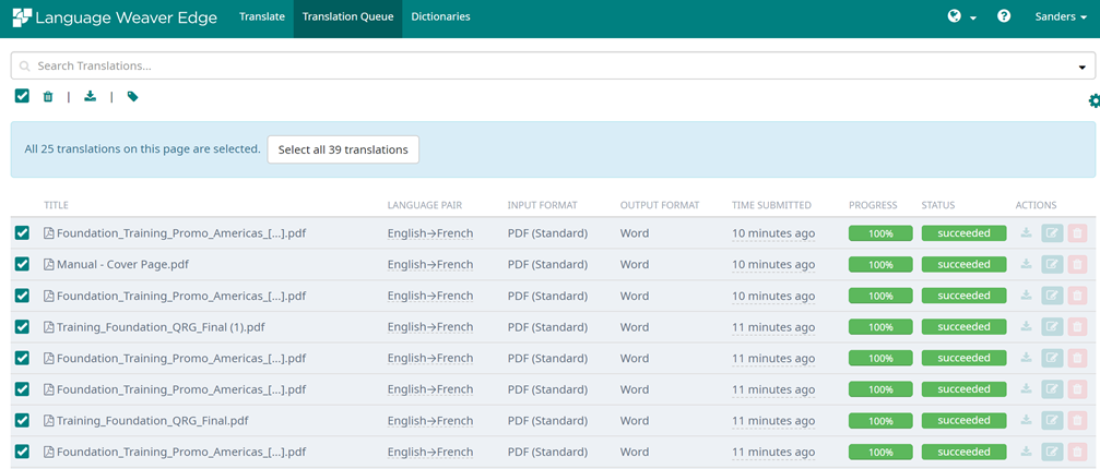 Screenshot of Language Weaver Edge interface showing 25 translations selected with an option to select all 39 translations.