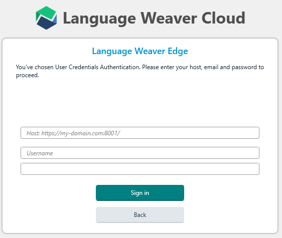 Language Weaver Cloud login screen with fields for Host, Username, and Password. A message indicates User Credentials Authentication is selected.