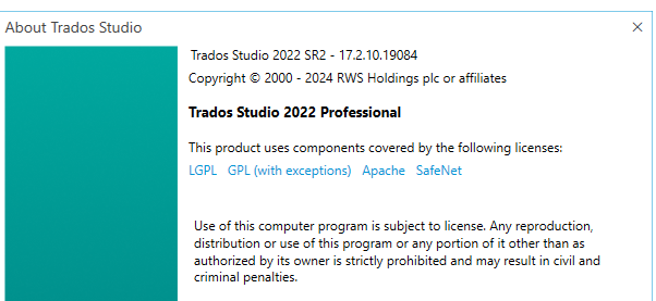 About Trados Studio dialog box showing version number 2022 SR2 - 17.2.10.19084 and copyright information.