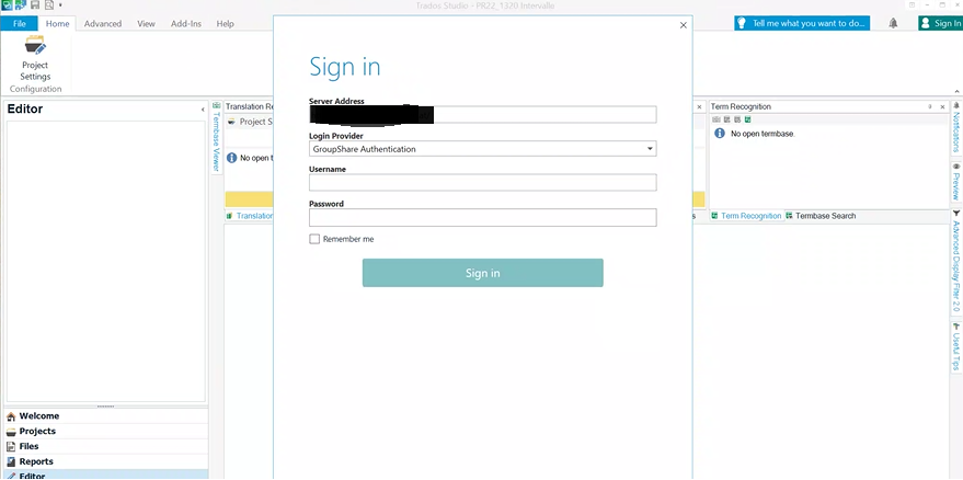Trados Studio screenshot showing a 'Sign in' dialog box for GroupShare Authentication with fields for Server Address, Username, and Password. Editor in the background indicates file opening in progress with no open term base.