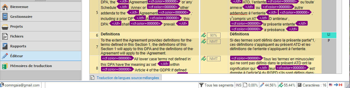 Screenshot of a translation editor showing mismatched percentages, 55.44% and 59%, with highlighted text and translation segments in English and French.