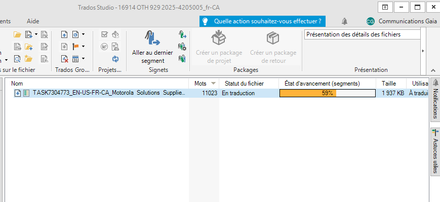 Screenshot of Trados Studio interface displaying a project file with translation progress at 59% and file details such as word count and file size.