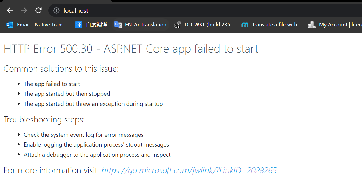 Screenshot displaying an HTTP Error 500.30 - ASP.NET Core app failed to start with a list of common solutions and troubleshooting steps.